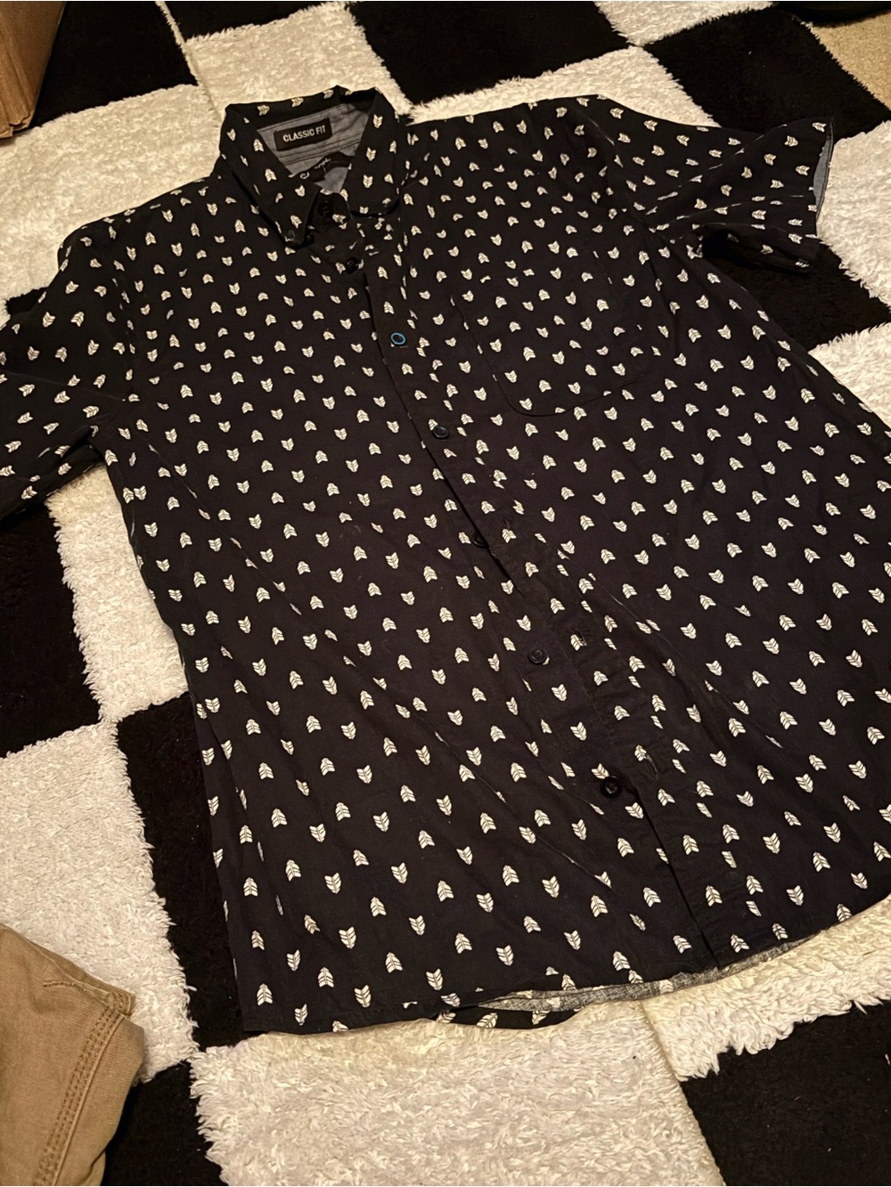 Carbon Black Shirt with White Leaf Motif